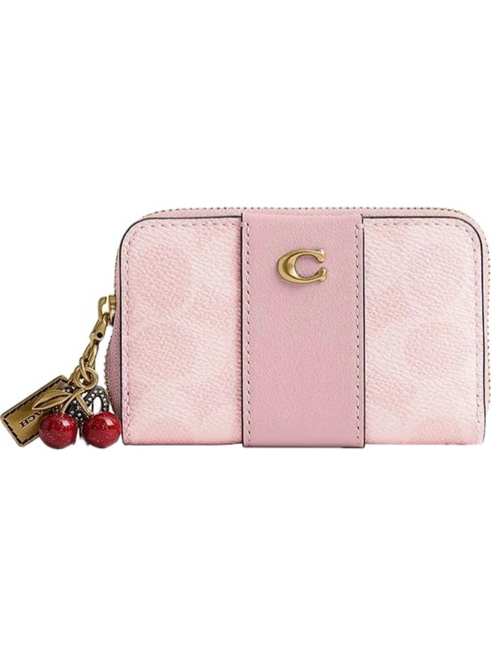 NWT Coach Powder Pink signature canvas Zip Card Case w/ Cherry Charm Wallet